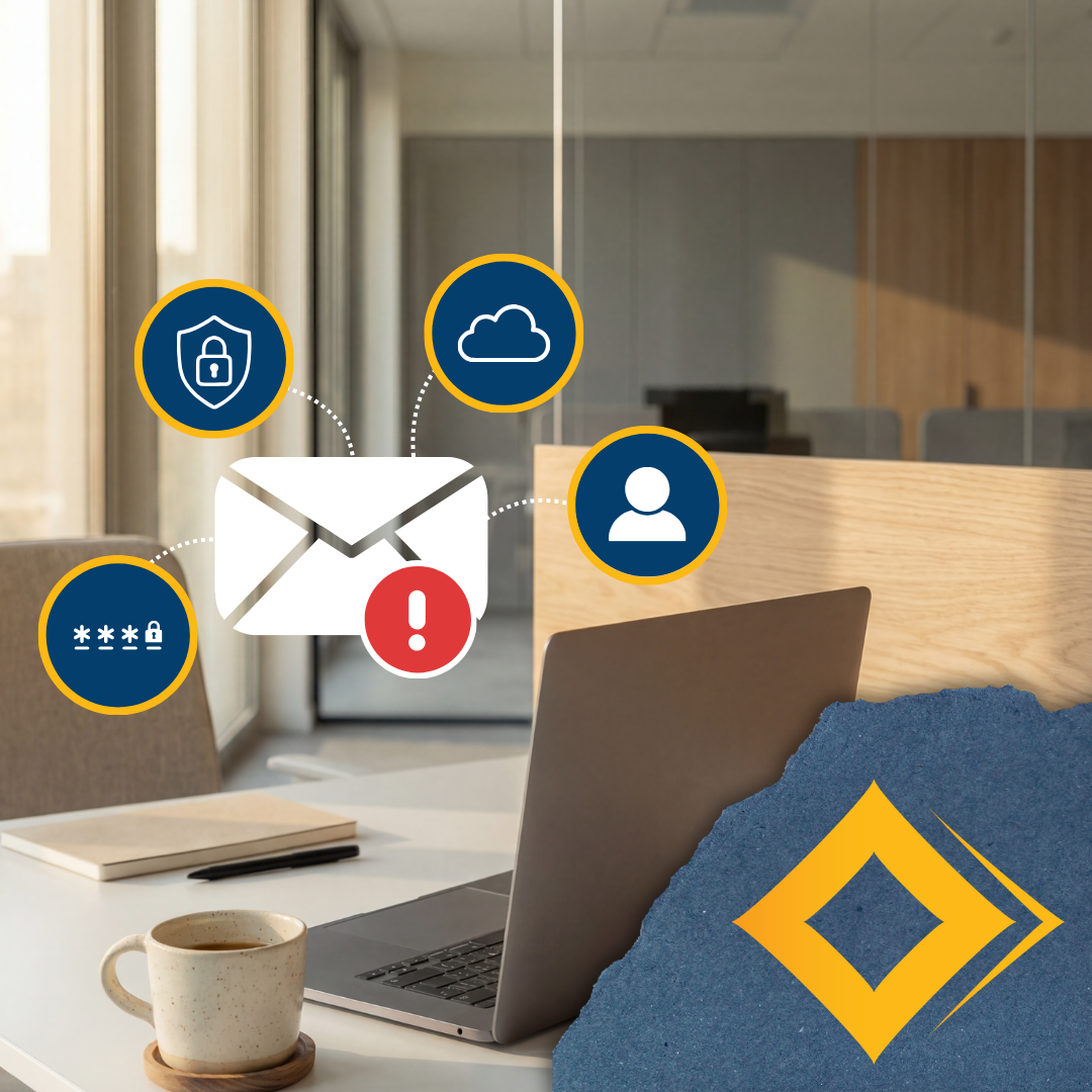 Laptop in office setting surrounded by email icon graphic with key lines point to factors such as security, cloud, personal details and passwords.